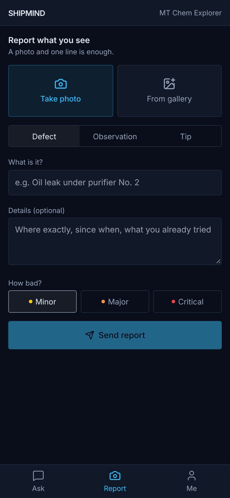 The crew app on a phone: report a defect with a photo and one line.