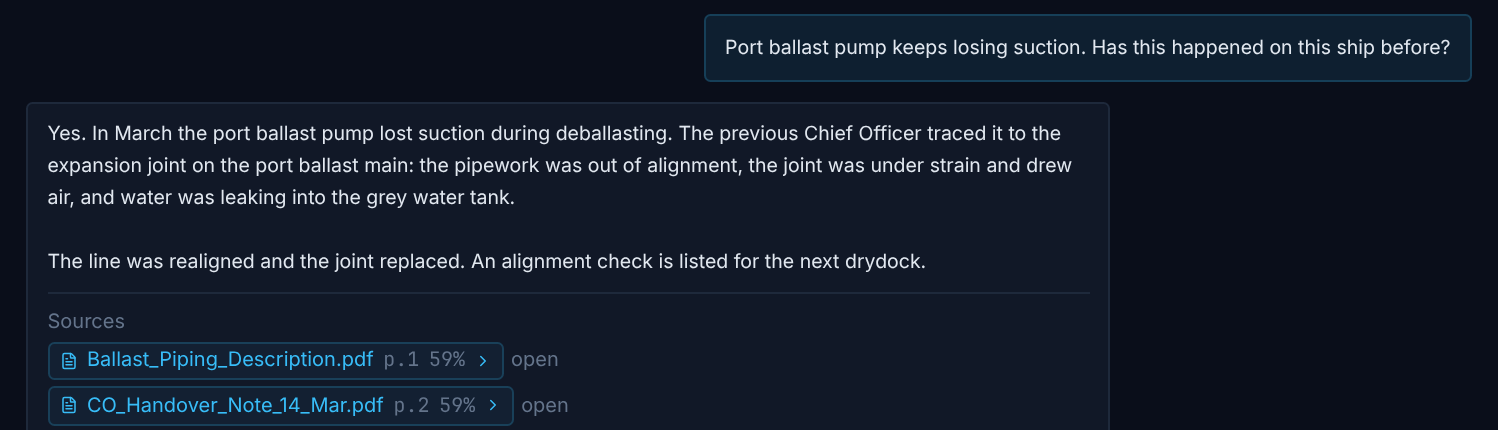 ShipMind answering why the port ballast pump keeps losing suction. It explains the expansion joint drew air because of misaligned pipework, and lists the previous Chief Officer’s handover note and the ballast piping description as sources.